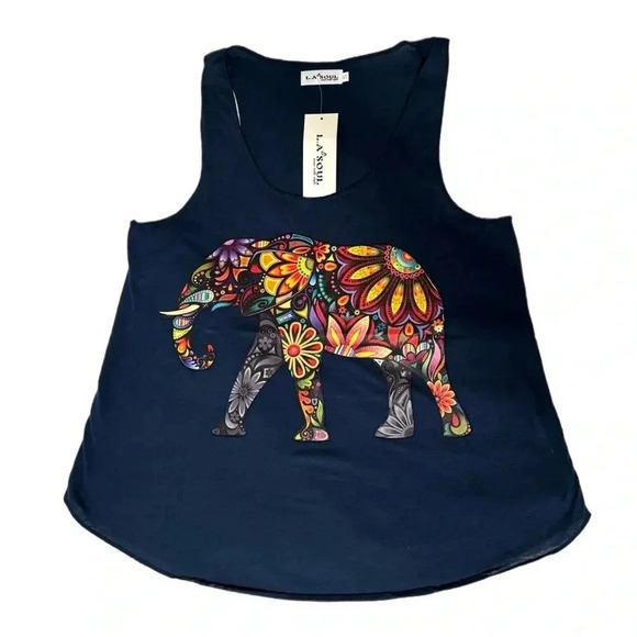 LA SOUL Navy Floral Peaceful Elephant Graphic Tank Top Lightweight Summer Shirt - Picture 8 of 11
